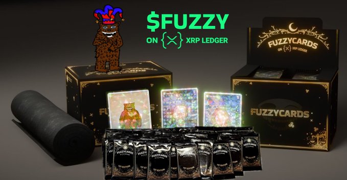 A promotional image for '$FUZZY on XRP LEDGER' featuring a small jester character, collectible cards, booster packs, a box labeled 'FUZZYCARDS', and a roll of black paper.