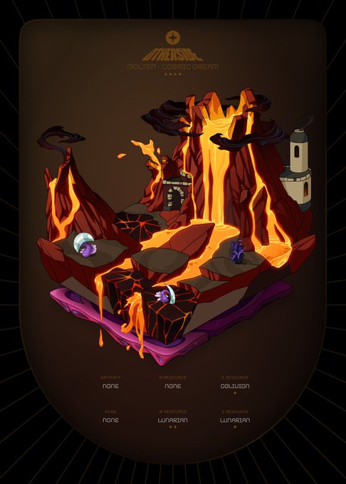 A stylized game art poster titled 'UNIVERSE MOLTEN COSMIC DREAM' depicting an isometric volcanic landscape with lava flows, dark rocks, a small tower, and shadowy figures.