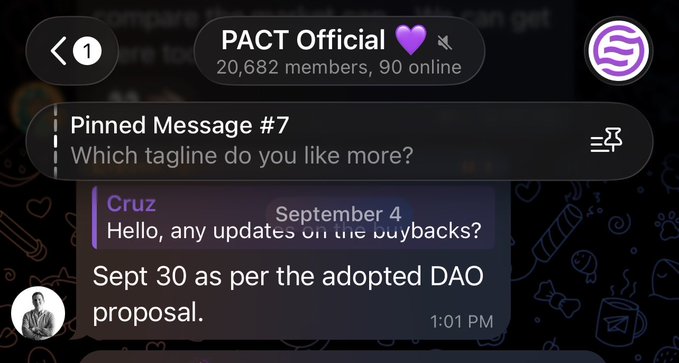 A screenshot of a Discord server named 'PACT Official' with 20,682 members, showing a pinned message about taglines and a message from Cruz about buybacks scheduled for Sept 30.