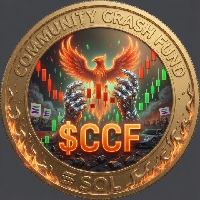 The image features a golden coin with a painting of an eagle surrounded by flames, with text that reads "Community Crash Fund" in white letters at the bottom right corner. Below this, there's another piece of text that says "SOL", which is likely the name of the cryptocurrency they're promoting. The background of the coin appears to be fire, indicating a significant amount of energy going into the production and promotion of this coin.