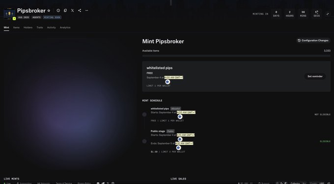 A screenshot of the Pipsbroker website on the 'Mint Pipsbroker' page, showing a FREE mint for 'whitelisted pips' available for 0.5x MINT QUOTA, with mint schedules for whitelist and public stages.