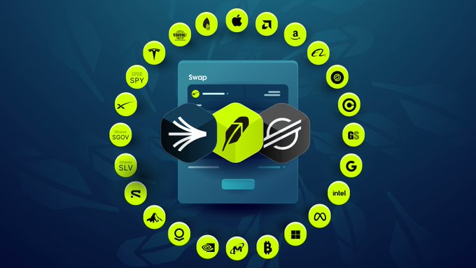 Digital illustration showing a cryptocurrency swap interface surrounded by a circular arrangement of token logos including BTC, ETH, and others on a dark blue background.