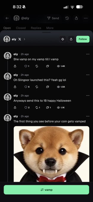 A screenshot of a social media profile named 'ely' shows posts including 'She vamp on my vamp til I vamp' and an image of a Shiba Inu dog dressed as a vampire with fangs, accompanied by a green 'vamp' button.