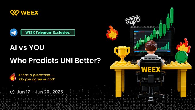 The image features a man sitting at a desk with a computer monitor, likely working as an AI. The text of the image reads "AI vs You Who Predicts UNI Better?" This suggests that the AI has made its own prediction about the future movement of the stock market and is now asking for human input to confirm or challenge this forecast.