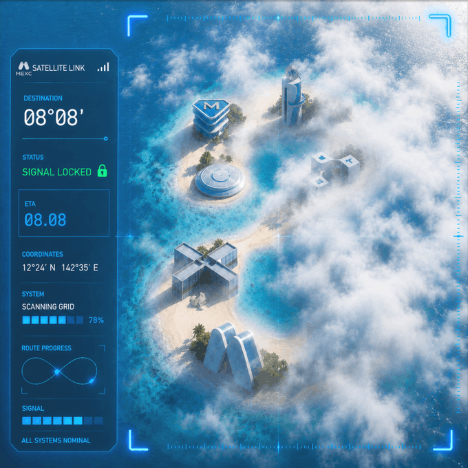 A futuristic, sci-fi style digital interface overlaid on an aerial view of tropical islands with the letters 'MEXC' arranged on the sand, displaying 'SATELLITE LINK', 'DESTINATION 08°08'', and 'SIGNAL LOCKED'.
