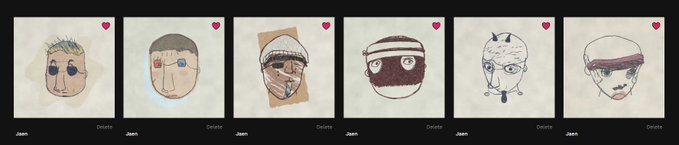 A row of six hand-drawn, naive-style portrait illustrations displayed in card-like frames, each labeled "Juan" with a "Delete" option below and a small heart icon in the upper right corner, representing custom PFP characters created through verse_works.
