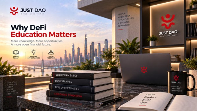 A promotional graphic for 'JUST DAO' titled 'Why DeFi Education Matters,' displaying books on blockchain, a laptop, and a branded mug against a city skyline.