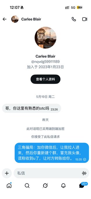 Screenshot of a private chat with user 'Carlee Blair' (@nqvdg59911189) where the sender proposes a scam involving JOTC and tricking someone into a cryptocurrency transfer.