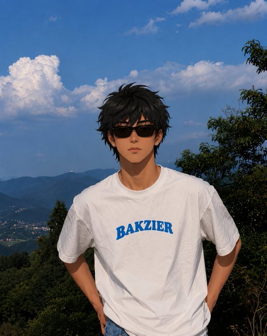 Anime-style portrait of a young man with messy black hair and dark sunglasses, wearing a white t-shirt with 'BAKZIER' printed in blue letters, standing outdoors with a scenic mountain and cloudy sky background.
