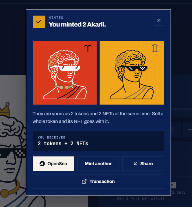 A confirmation dialog showing 'You minted 2 Akari' NFTs, displaying two pixelated classical bust illustrations—one red labeled 'T' and one yellow labeled 'II'—with options to view on OpenSea, Mint another, Share, or view the Transaction.