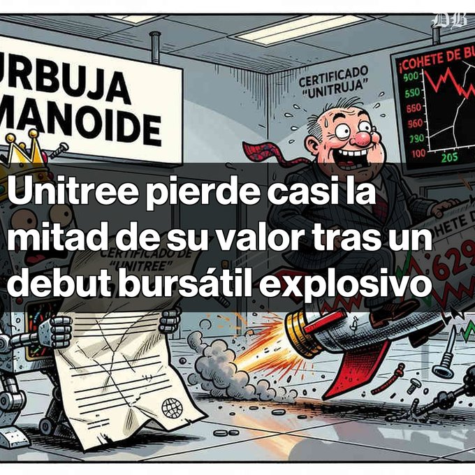 A cartoon illustration showing a businessman on a rocket and a robot with a stock certificate, overlaid with Spanish text reading 'Unitree pierde casi la mitad de su valor tras un debut bursátil explosivo'.