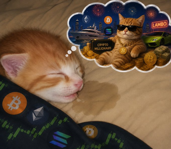 A sleeping orange and white kitten drools on a blanket while dreaming of being a 'Crypto Millionaire' in a thought bubble, surrounded by Bitcoin, Ethereum, and Solana logos with a Lamborghini and yacht.