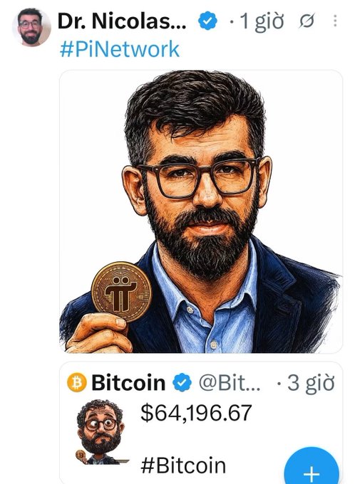 A social media post from Dr. Nicolas showing an illustration of a man holding a Pi Network coin, with a Bitcoin tweet showing a price of $64,196.67.