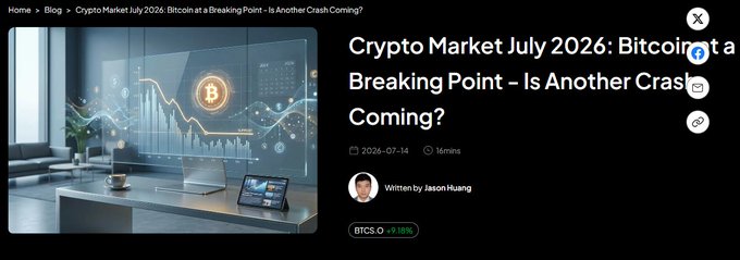 The image shows a blog post header titled "Crypto Market July 2026: Bitcoin at a Breaking Point – Is Another Crash Coming?" by Jason Huang, dated 2026-07-14, with a featured image of a modern office displaying a Bitcoin chart on a large screen alongside a laptop showing trading data, with BTCS.0 marked at +9.18%. The visual directly reinforces the post's theme by depicting Bitcoin market analysis in a professional financial setting, illustrating the critical decision-making moment referenced in the headline.