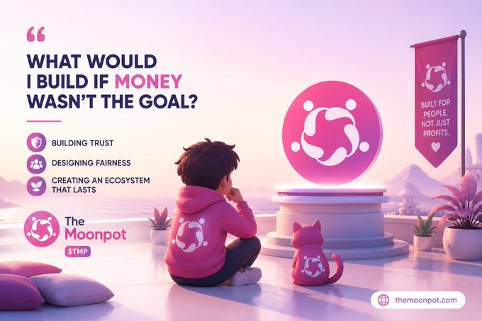 A 3D-rendered ad for "The Moonpot" cryptocurrency ($TMP) with the question "What would I build if money wasn't the goal?", emphasizing "Building Trust", "Designing Fairness", and "Creating an Ecosystem That Lasts."