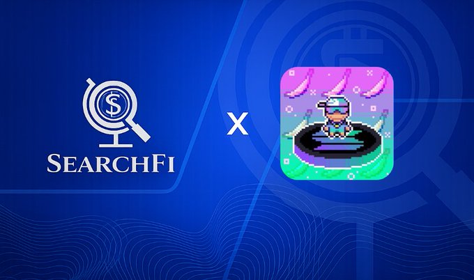 Promotional graphic showing a partnership between SearchFi (logo featuring a magnifying glass with dollar sign over a globe) and a pixel art NFT app icon.
