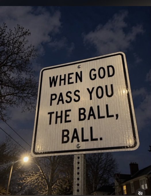A street sign against a twilight sky reads "WHEN GOD PASS YOU THE BALL, BALL." in bold black text, with a streetlamp, bare tree branches, and a rooftop visible in the background.