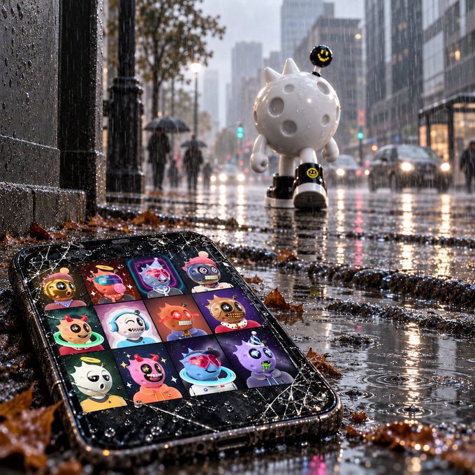 A cracked smartphone lying in a rain-soaked city street displaying colorful cartoon character icons, with a small white robot-like figurine standing in the rain nearby.