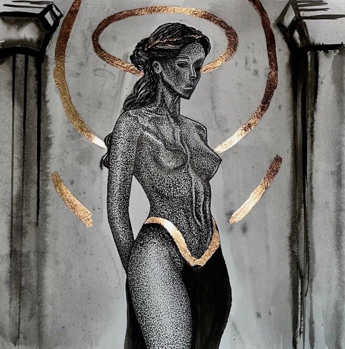 A detailed ink stippling illustration on white marble featuring a nude female figure in profile, accented with gold leaf halos and architectural columns in the background.
