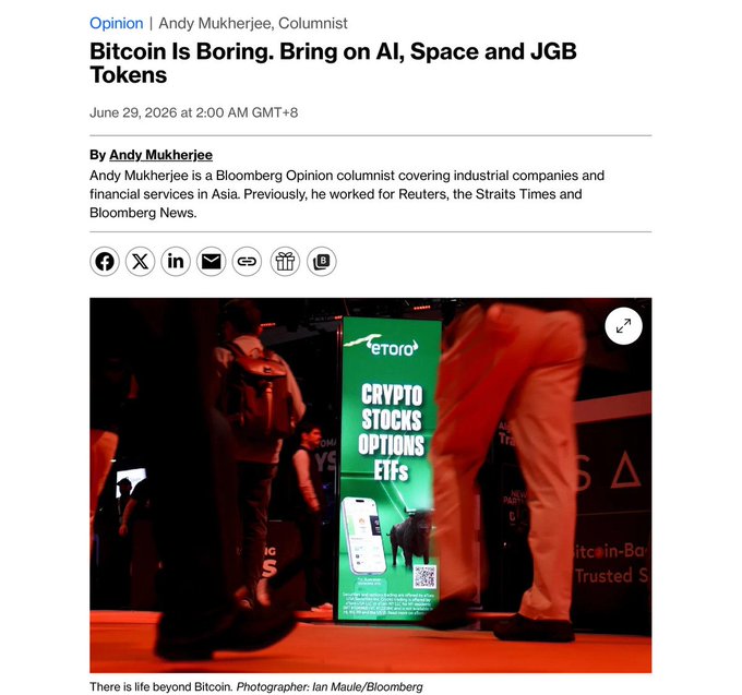 A Bloomberg Opinion article screenshot titled 'Bitcoin Is Boring. Bring on AI, Space and JGB Tokens' by Andy Mukherjee, dated June 29, 2026, featuring an eToro crypto advertisement.