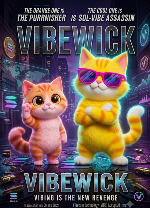 The image features a poster for the movie "VIBEWICK" with two cartoon cats wearing sunglasses, one orange and one yellow, standing next to each other. The poster includes text that reads "Meet VIBEWICK - The Orange One is the Purnisher, the Cool One is Sol-Vibe Assassin! Vibing is the new revenge Don't Doubt Your Vibe!" which suggests a connection between the movie's title and its theme of using humor to expose the characters' true nature.

The poster also includes various logos for other movies or products related to "VIBEWICK". The text "Focus on what is in the image" implies that viewers should pay attention to the details within the scene, such as the cats' expressions and body language, which can provide additional context about their personalities and motivations.