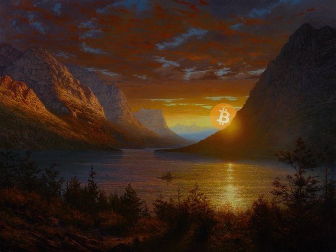 A sunset landscape painting of mountains and a lake, with the Bitcoin '₿' symbol superimposed over the setting sun.