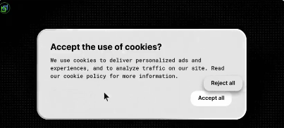 A cookie consent pop-up dialog box on a website asking 'Accept the use of cookies?' with 'Reject all' and 'Accept all' buttons.