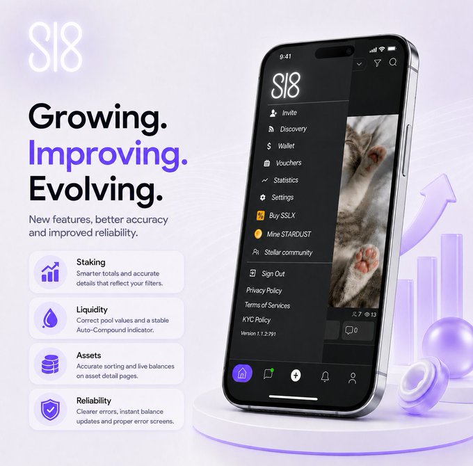 A promotional graphic for an app called 'Stellar 8' on a smartphone highlights features like Staking, Liquidity, Assets, and Reliability, with the tagline 'Growing. Improving. Evolving.'