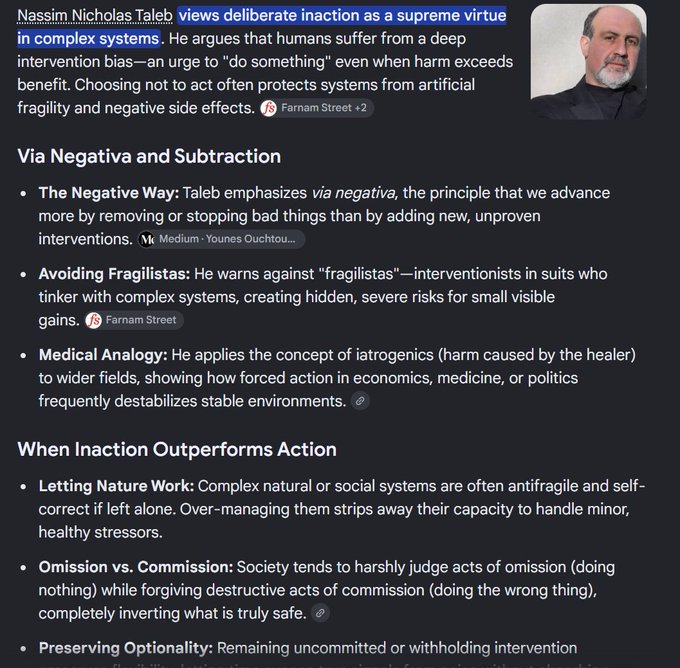 Article about Nassim Nicholas Taleb's philosophy, highlighting 'via negativa,' avoiding fragilitas, and the principle that deliberate inaction can be a virtue in complex systems.