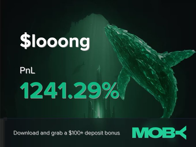A promotional graphic for Moby Mobile featuring a green whale and cityscape silhouette, displaying the text "$looong" and "PnL 1241.29%" alongside the call-to-action "Download and grab a $100+ deposit bonus" with the MOBY logo. The visual highlights a winning trader's 1241.29% profit on the $looong token, matching the post's win alert.