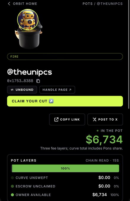 A mobile screenshot showing an Orbit profile for '@theunipcs' with a pot value of '$6,734' and pot layers displayed at 100%.