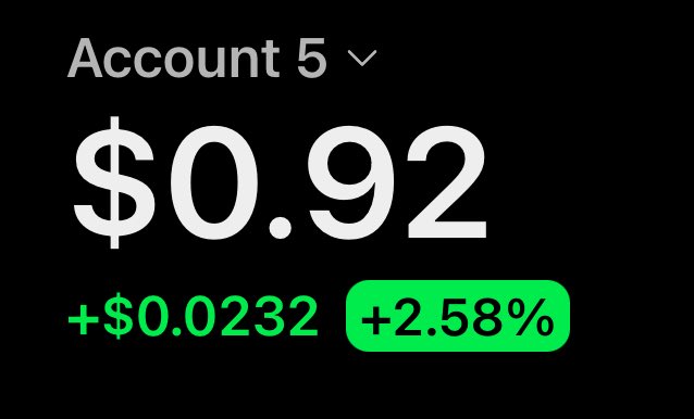 A mobile app screen showing 'Account 5' with a balance of $0.92, up +$0.0232 (+2.58%) displayed in green.