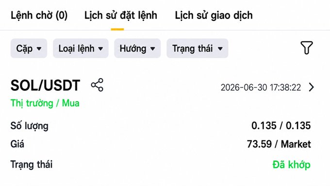 A Vietnamese cryptocurrency trading interface showing a completed (Đã khớp) buy order for 0.135 SOL/USDT at market price of 73.59 on 2026-06-30.
