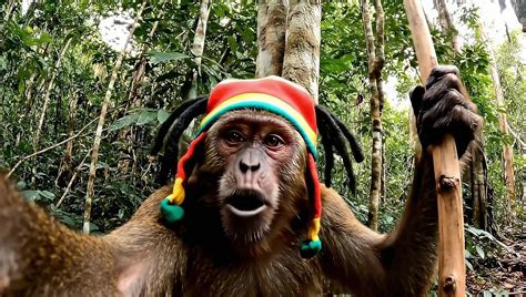 A close-up photograph of a monkey in a jungle setting wearing a red, yellow, and green striped knit hat with dreadlock-like tassels.