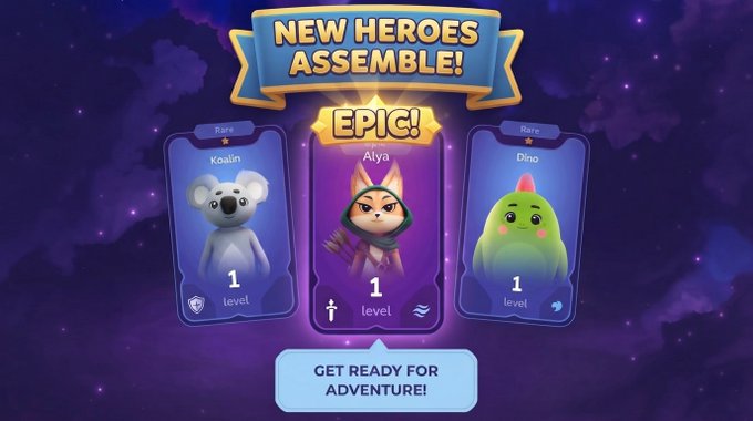 A mobile game screen titled 'NEW HEROES ASSEMBLE!' displays three rare character cards: Koalin (koala), Alya (fox, epic tier), and Dino (green dinosaur), each at level 1.
