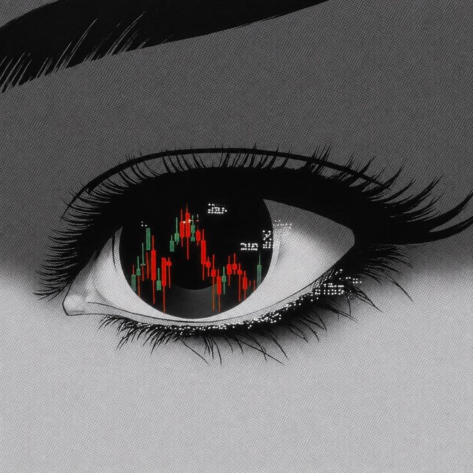 A stylized black and white close-up illustration of a woman's eye with long lashes, where the iris reflects a red and green cryptocurrency candlestick chart pattern.
