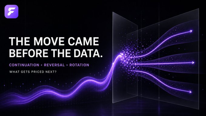 A dark promotional graphic featuring a glowing purple wave-like data visualization splitting into multiple trajectories toward arrows on the right, with text reading "THE MOVE CAME BEFORE THE DATA," "CONTINUATION • REVERSAL • ROTATION," and "WHAT GETS PRICED NEXT?" alongside the ForesoGlobal logo.

The image's theme of market moves anticipating information aligns with the post's question about using ForesoGlobal's prediction market to gauge whether BitMart will release an independent audit before 2026—essentially asking traders to price future transparency rather than wait for confirmation.