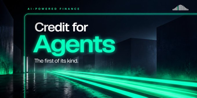 A promotional graphic reads "AI-POWERED FINANCE" at the top and "Credit for Agents - The first of its kind." in large text against a dark, glowing teal background.
