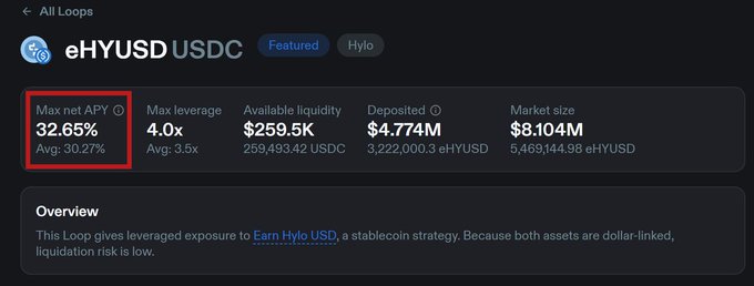 A dark-themed crypto/DeFi interface displays details for 'eHYUSD USDC' showing a Max net APY of 32.65%, Max leverage of 4.0x, Available liquidity of $259.5K, Deposited of $4.774M, and Market size of $8.104M.