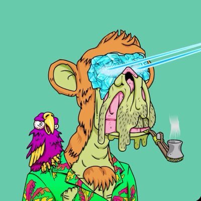 A cartoon illustration of a melting, sickly-looking monkey wearing a Hawaiian shirt and smoking a pipe, with a colorful bird on its shoulder and laser eyes shooting from its head.