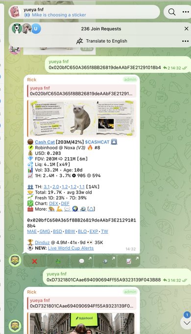 A Telegram chat shows a bot post featuring a cat meme token "Cash Cat" with 42% gains on Robinhood Chain (v3), priced at $0.283 with $283M FDV and 41x leverage, illustrating the on-chain trading opportunities mentioned in the post about OKX Wallet's Robinhood Chain integration.