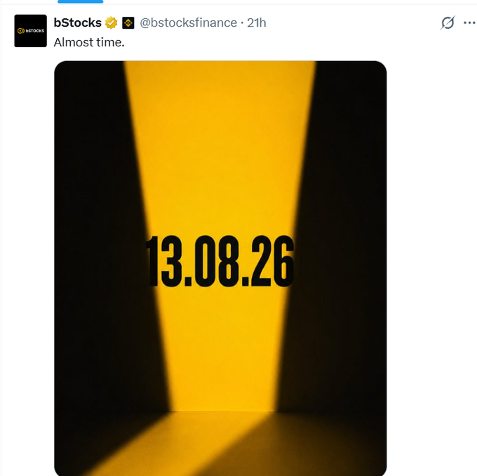 A social media post by bStocks (@bstocksfinance) teases an upcoming reveal with the text "Almost time." alongside a dramatic yellow spotlight graphic displaying the date "13.08.26," likely signaling a forthcoming listing or milestone as the account builds hype for the token which currently sits below a $10M valuation.