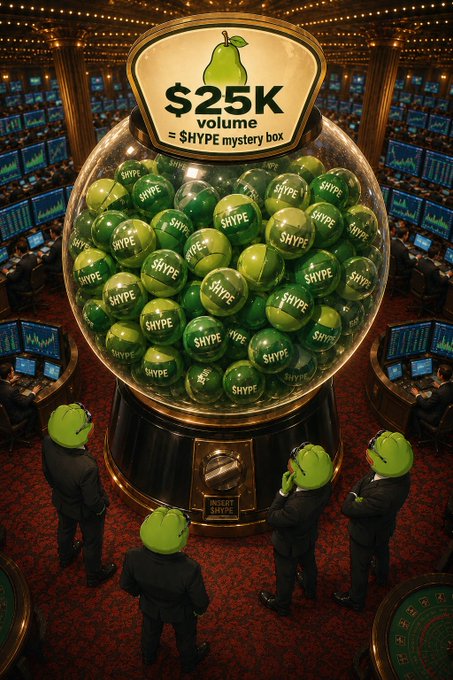 The image features a group of men dressed in suits standing around an unusual structure that resembles a giant gumball machine or pear-shaped glass jar, filled with hundreds of green Skyspeare balls representing a mystery box for trading. The men are posing together in front of this intriguing setup. A caption provided in the post suggests that they can trade $25K volume to obtain a free $HYPE mystery box, which is created through the Agent Pear Trading Assistant and should be sent via Telegram.