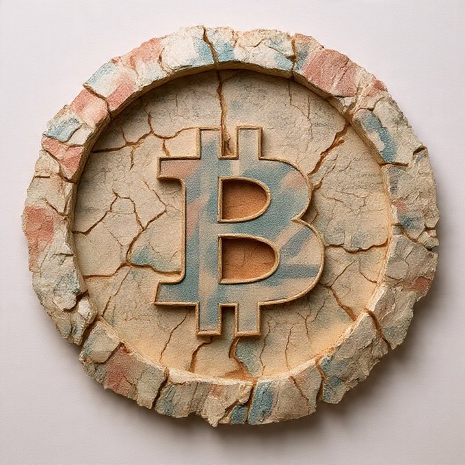 A weathered, cracked circular medallion or coin featuring the Bitcoin symbol with patches of pink, blue, and beige coloring across its textured surface.