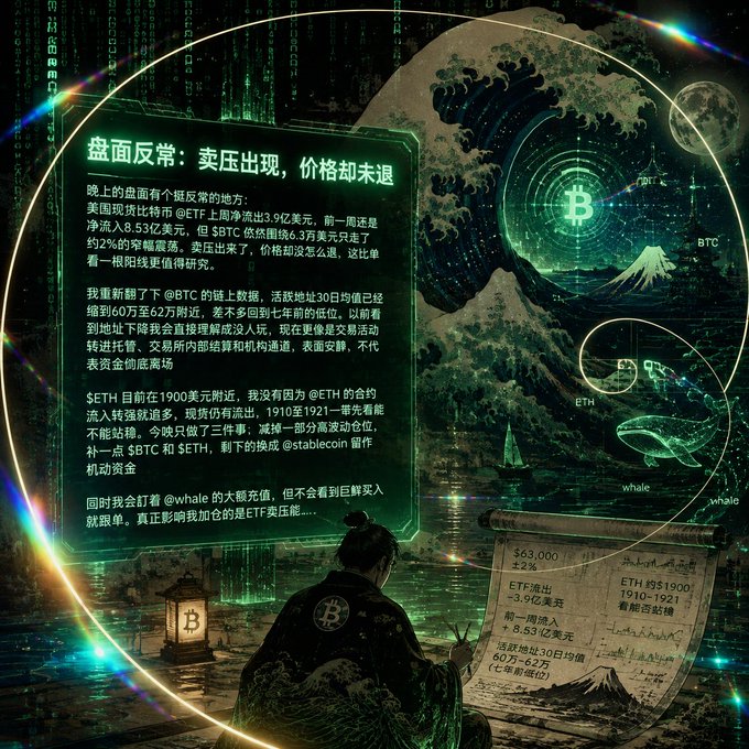 A digital artwork in green and black featuring a person in traditional robes reading a scroll, with Chinese text discussing Bitcoin ETFs and ETH ETFs, alongside imagery of a Great Wave, Mount Fuji, a whale, and a Bitcoin symbol.