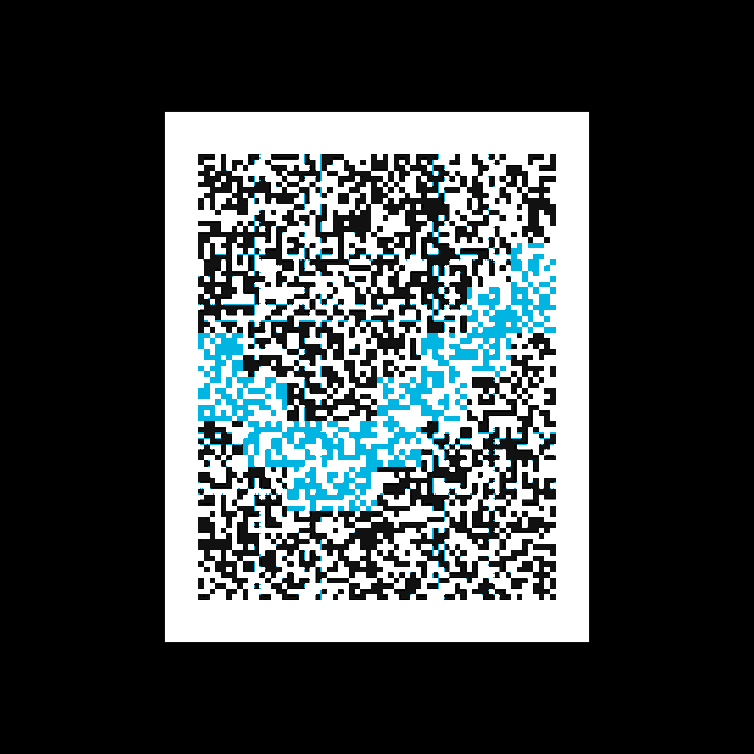 Square QR code with blue and white coloring featuring a blue alien face design in the center.