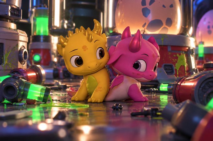 Two small cartoon-style dragon creatures, one yellow and one pink, sit together in what appears to be a laboratory setting with glowing green vials, scientific equipment, and liquid splatters on the floor.
