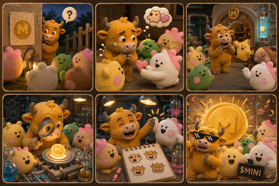 A six-panel collage featuring a cute yellow plush bull character interacting with smaller colorful plush blobs across various scenes, including imagining a sheep, being heart-eyed, in a laboratory, drawing, and wearing pixelated sunglasses with a '$MINI' sign.