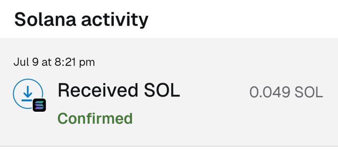 The image shows a "Solana activity" notification dated July 9 at 8:21 pm, confirming a received transaction of 0.049 SOL. This corresponds to the post celebrating the receipt of a small ambassador reward in Solana after extensive community engagement, humorously highlighting the modest payout for the effort involved.