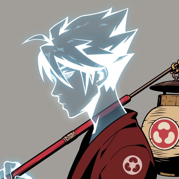 Anime-style illustration of a glowing white-haired character in profile, carrying a lantern with a red tomoe symbol and a staff.